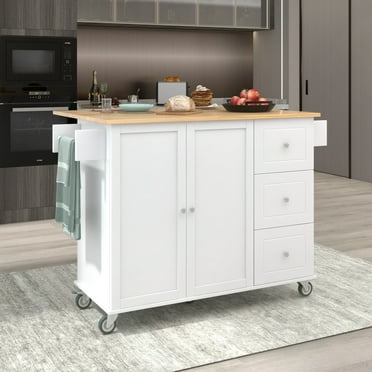 Qumbnk Wood Top Kitchen Island with Wheels and Towel Rack, Kitchen Cart with Cabinet and Drawer, White