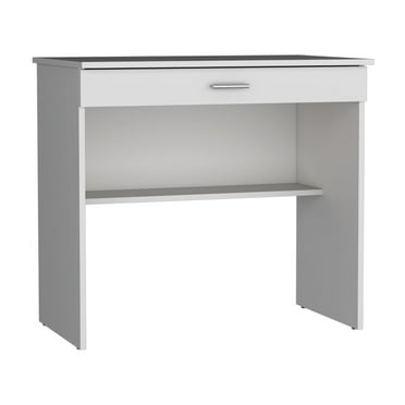 Qumbnk Wood Writing Desk with Drawer and Lower Shelf, Computer Table for Living Room, Office, White