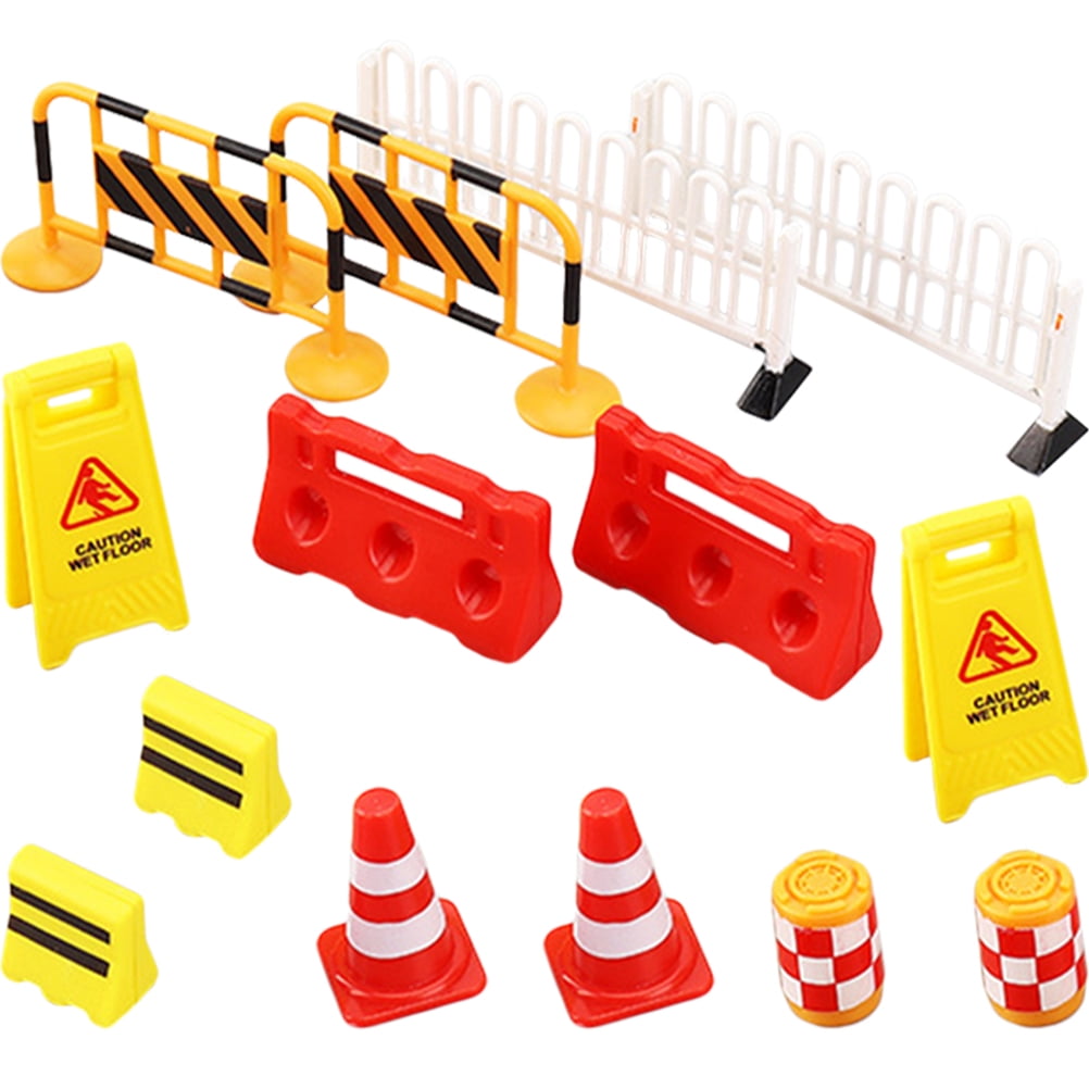 Qumonin 14Pcs Kids Traffic Sign Road Playset Model Cones Barrier Roadblocks