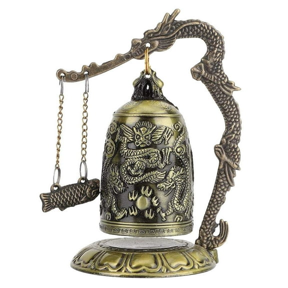 Qumonin Vintage Asian Zen Dragon Bell Bronze Fengshui Statue Home Decor