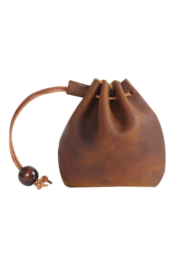 Vintage Leather Coin Pouch - Drawstring Purse for Men & Women (Brown)