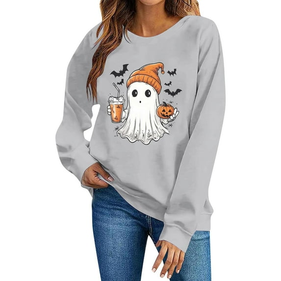 QunYou Fall Sweaters and Sweatshirts for Women 2025 Trendy Women's Halloween Printed Round Neck Long Sleeved Sweatshirt