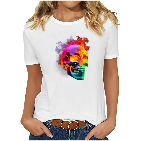 QunYou Short Sleeve T-Shirts for Women Halloween Skeleton Graphic Tees Tops