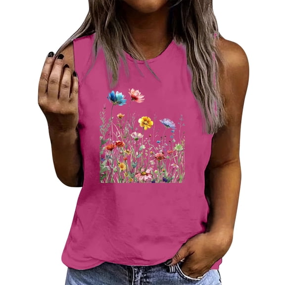 QunYou Summer Tank Tops for Women Crew Neck Sleeveless Shirts Women's Summer Casual Round Neck Loose Sleeveless T-Shirt
