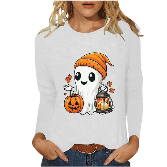 QunYou Women's Halloween Printed Long Sleeve Shirt - Polyester Round Neck Blouse with Spooky Designs (S-XXL)