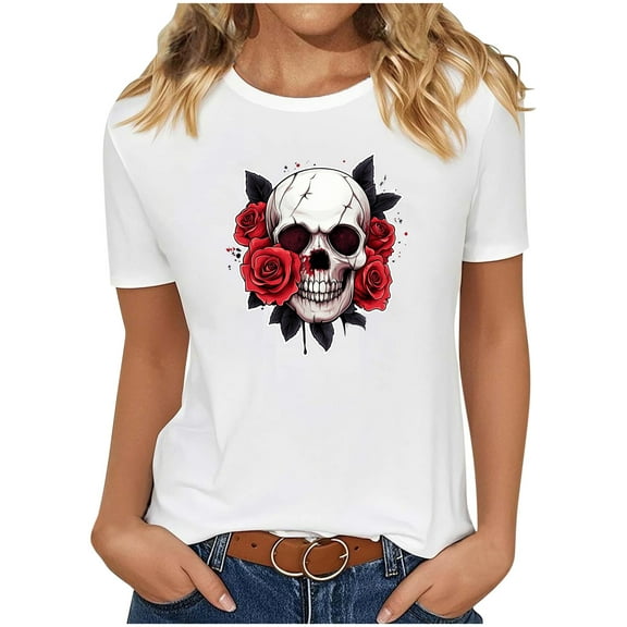 QunYou Womens Short Sleeve Round Neck Halloween Thanksgiving Fall T-Shirts Graphic Tee Tops