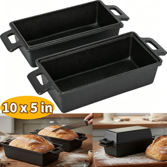 Qunbio 10 5 Inch Cast Iron Bread Pan with Lid, 2 in 1 Loaf Pans for Homemade Bread, Cake, Meatloaf and Sourdough, 2 Piece Set