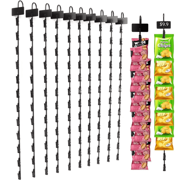 Qunbio 10 Pack Metal Hanging Merchandise Strips with Hooks, 31" Potato Chip Rack Bag Holder with 12 Clips for Retail Displaying