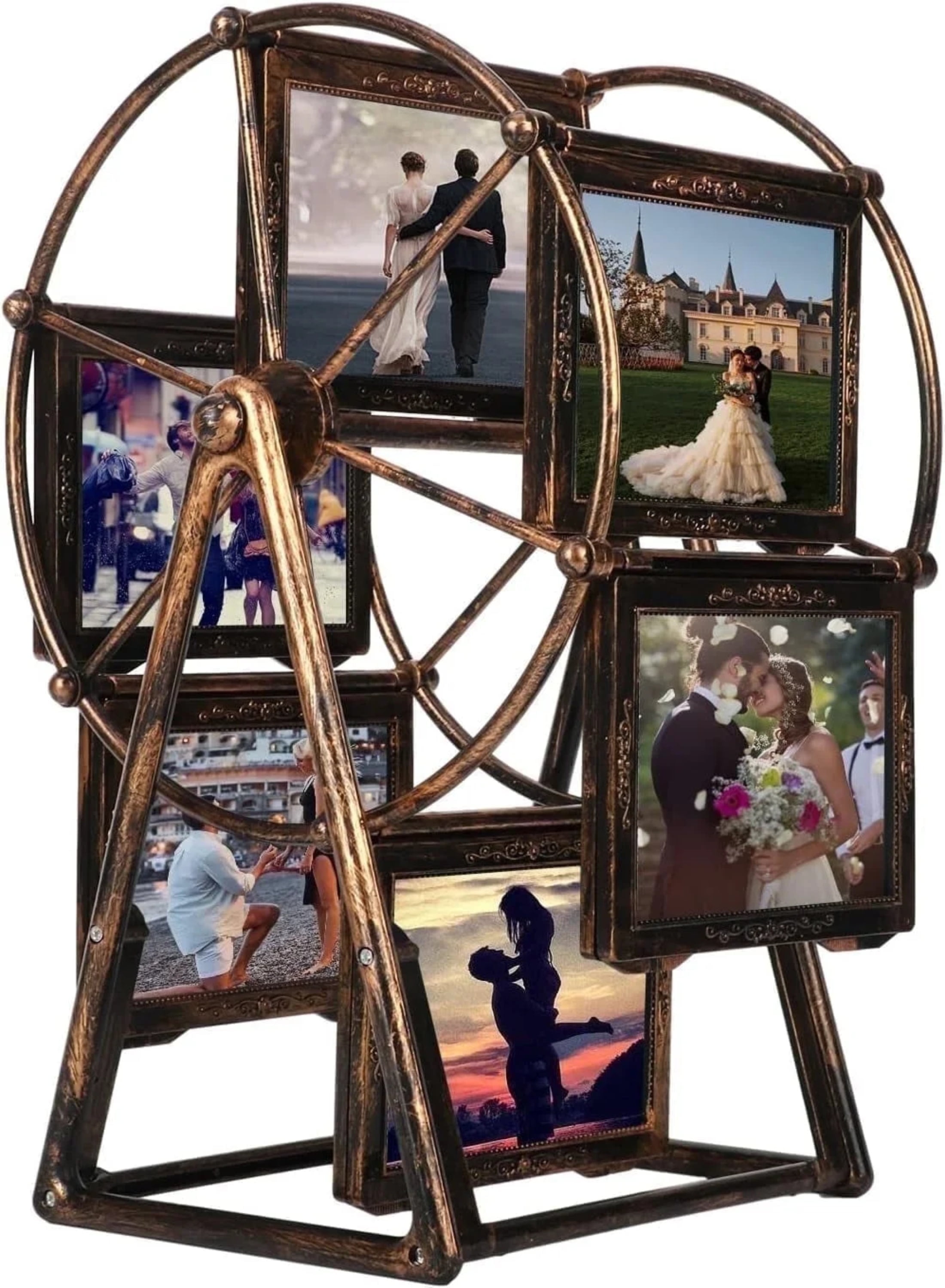 Qunbio 12 Photos Rotating Ferris Wheel Picture Frame, Vintage Embossed Designs 5 inches Frame for Home Decor Wedding Birthday Gifts, Antique Bronze
