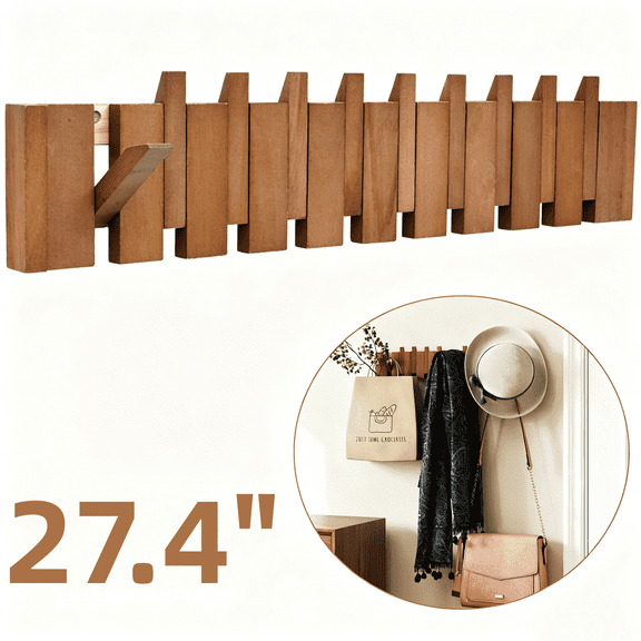 27" Wood Wall Mounted Coat Rack with 10 Flip Down Hooks, Heavy Duty Piano Coat Rack, Decorative Wall Hook Rack for Entryway, Bedroom, Kitchen
