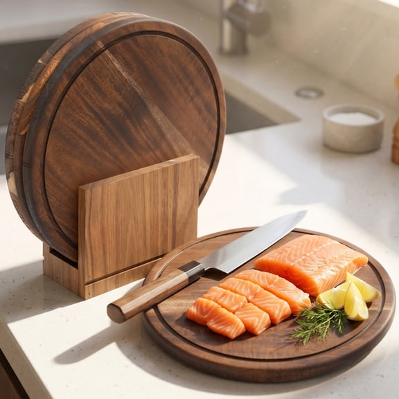 Qunbio 3-Piece Round Wooden Cutting Boards with Stand — Solid Wood Chopping Board Set for Kitchen, Cheese, Bread & Meat