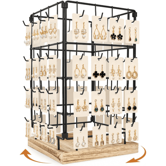 Qunbio 360° Rotating Earring Display Stand, 4-Tier Jewelry Displays for Vendors with Wooden Base, 64 Hooks Large Capacity Earring Hanger Organizer for Necklaces Bracelets