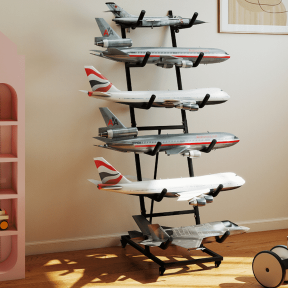 Qunbio 6-Shelf RC Airplane Storage Rack, Metal Display Stand on Wheels, Heavy Duty for Large Planes