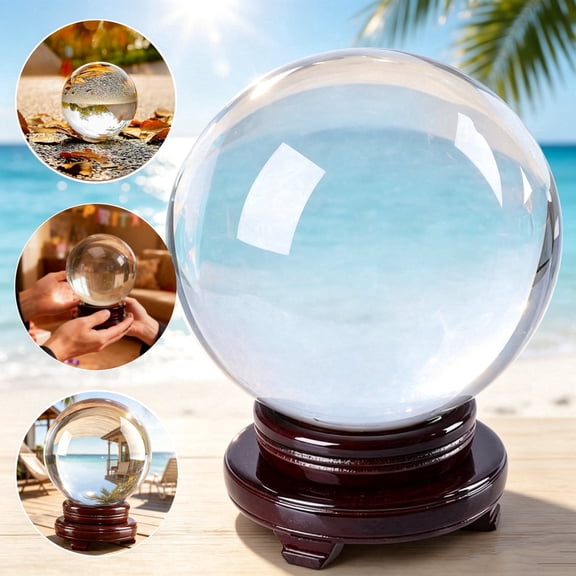 Qunbio 7.9" Clear Crystal Ball, 200mm Large Glass Sphere with Wood Stand for Home Decor and Gifts