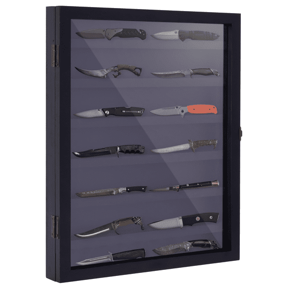 Qunbio Shadow Box Frame, 7 Tier Knife Display Case for Pocket Knife Collections, Wall Mounted Knife Protection Shadow Box with Lockable UV Protection Acrylic Door, Black
