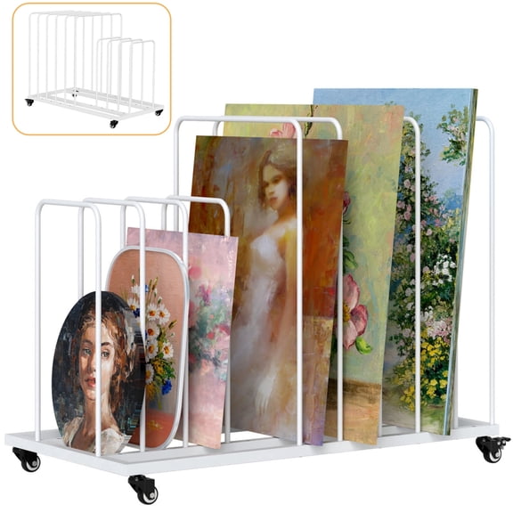 Qunbio Art Canvas Storage Rack with Wheels, Adjustable Metal Art Drying Rack for Paintings, Prints & Panels, Rolling Art Storage Organizer for Studio Gallery, White