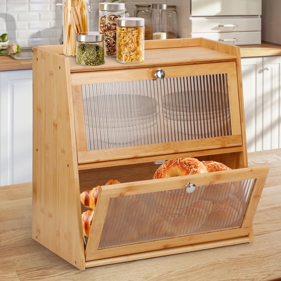 Qunbio Bamboo Bread Box, 20 in Double Layer Bread Storage Organizer, Large Capacity Bread Box for Kitchen with Acrylic Door Panel Family Gift