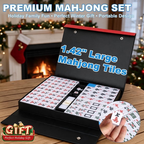 Qunbio Chinese Mahjong Game Set Large Tiles, 146 Pcs Traditional Mahjong Tile Set with Carrying Travel Case, Mah Jongg Sets for Family & Friends Gatherings with English Manual