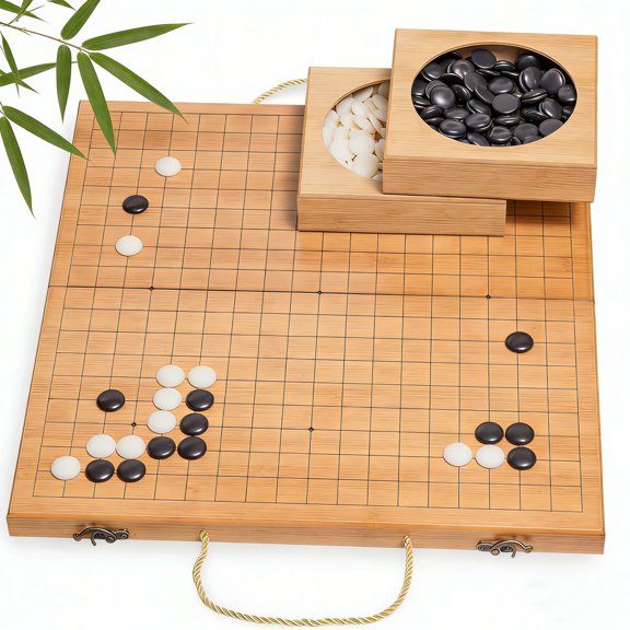 Qunbio Folding 19x19 Go Game Set Board with Bamboo Bowls and Imitation Jade Go Pieces, Classic Weiqi Strategy Games for Families, Gift Ready