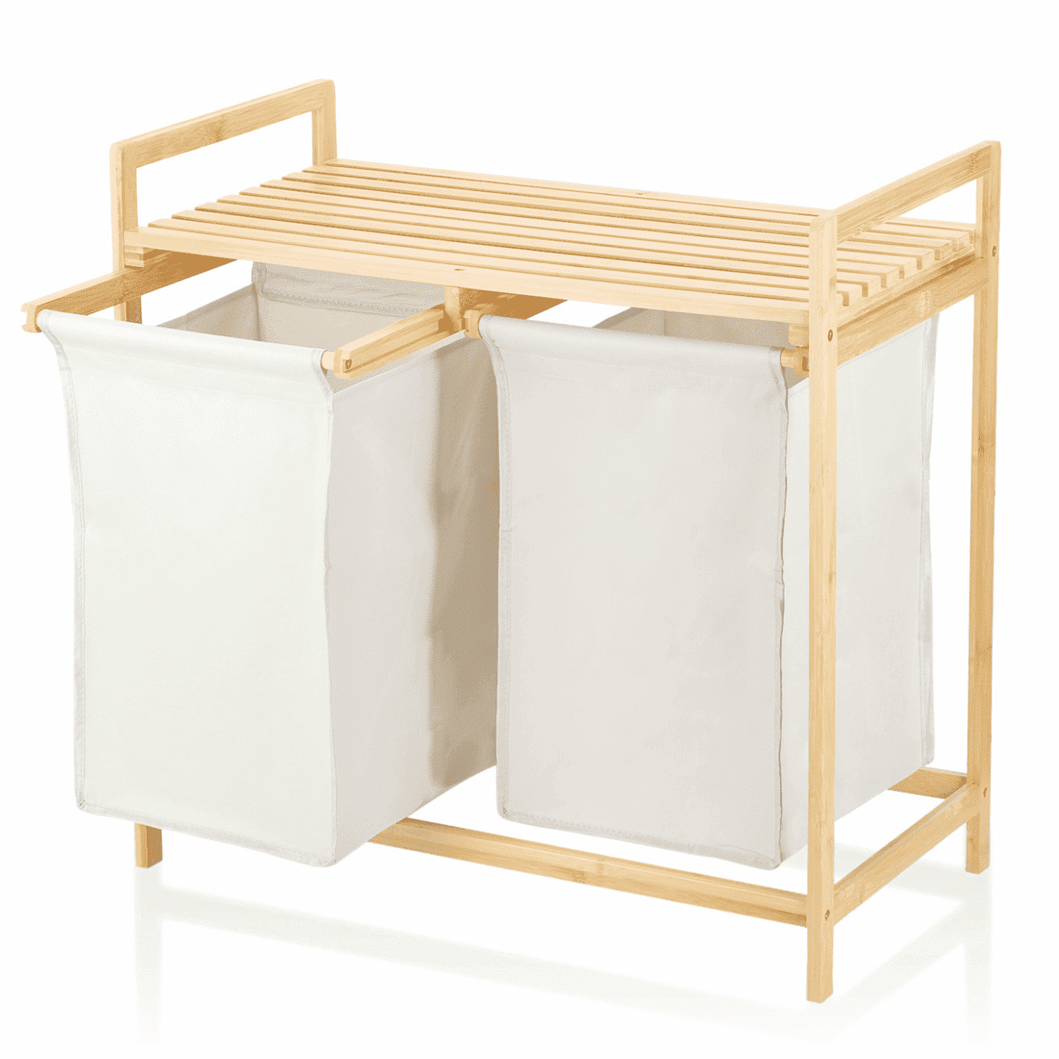 Qunbio Freestanding Bamboo Laundry Basket,  2 Section Laundry Sorter with Shelf and Removable Bags