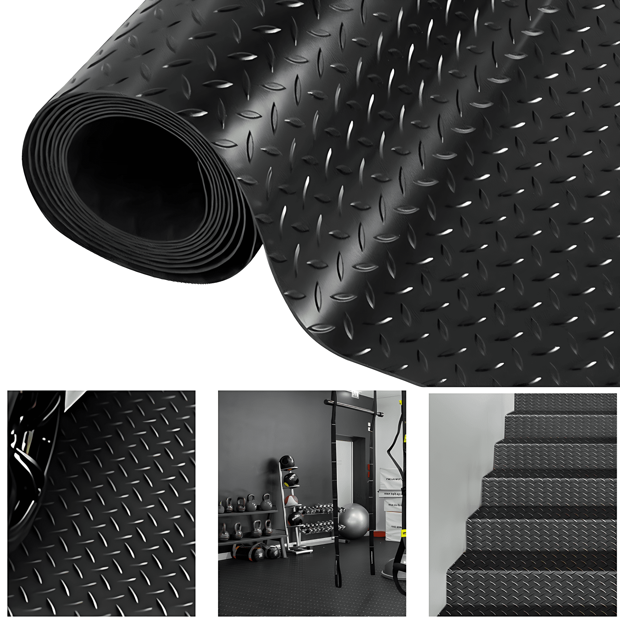 Qunbio Garage Floor Mat Roll, 16.4 x 3.3 Ft x 3 mm Diamond Plate Rubber Anti-slip Flooring Rolls, for Warehouse Gym Basement