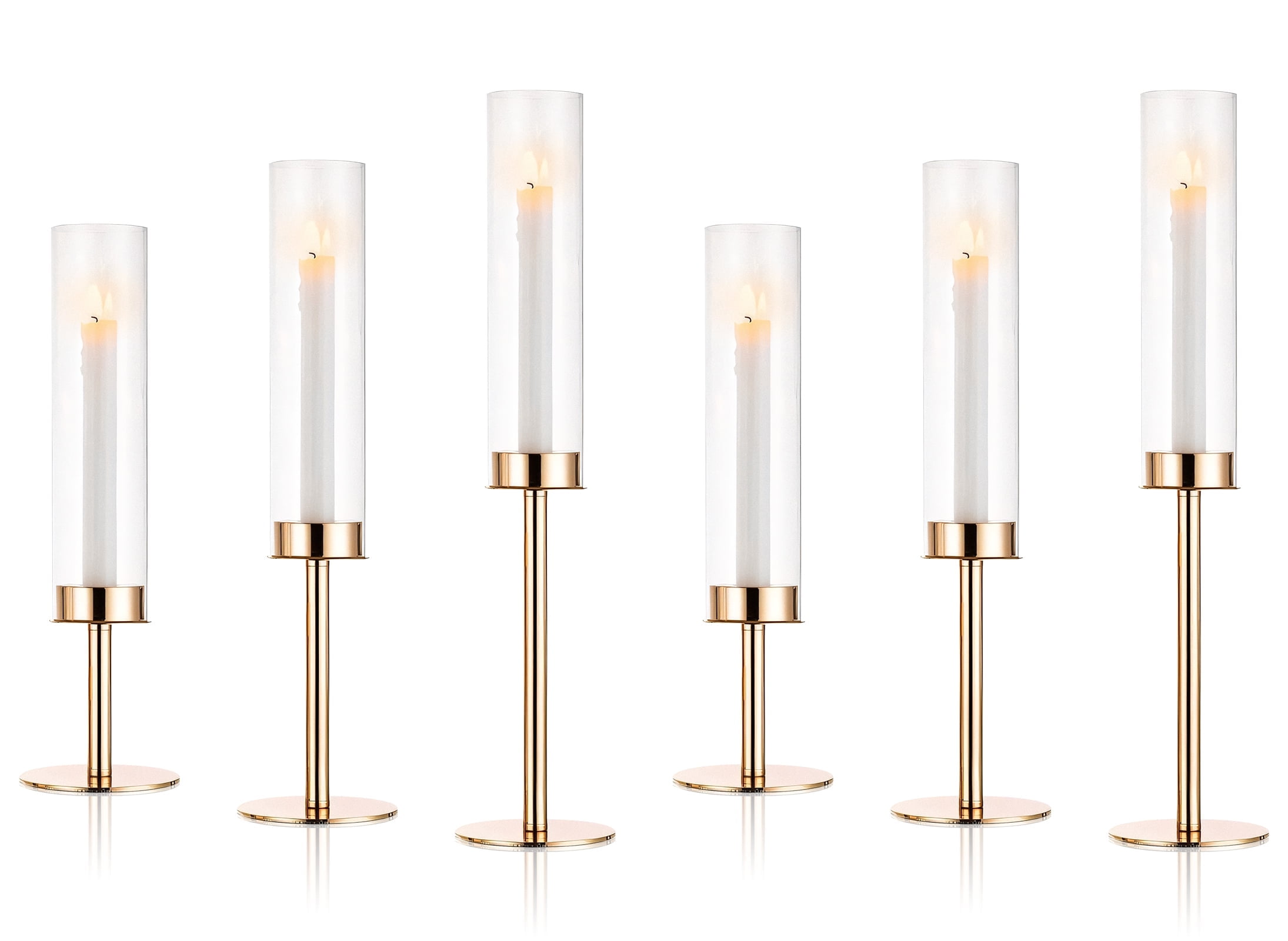 Qunbio Gold Taper Candle Holders with Hurricane Glass, Tall Candlestick Holder Table Centerpiece with Non-slip Back Cushion for Wedding Party Birthday Christmas Set of 6, 14'' 16.5'' 19''