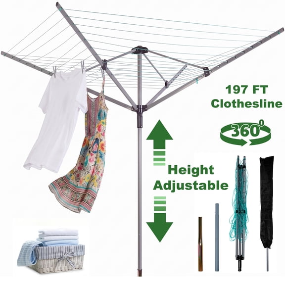 Qunbio Outdoor Clothes Drying Rack, 197 ft Heavy Duty Umbrella Clothesline, Adjustable Height Collapsible Umbrella Drying Rack for Backyard Camping