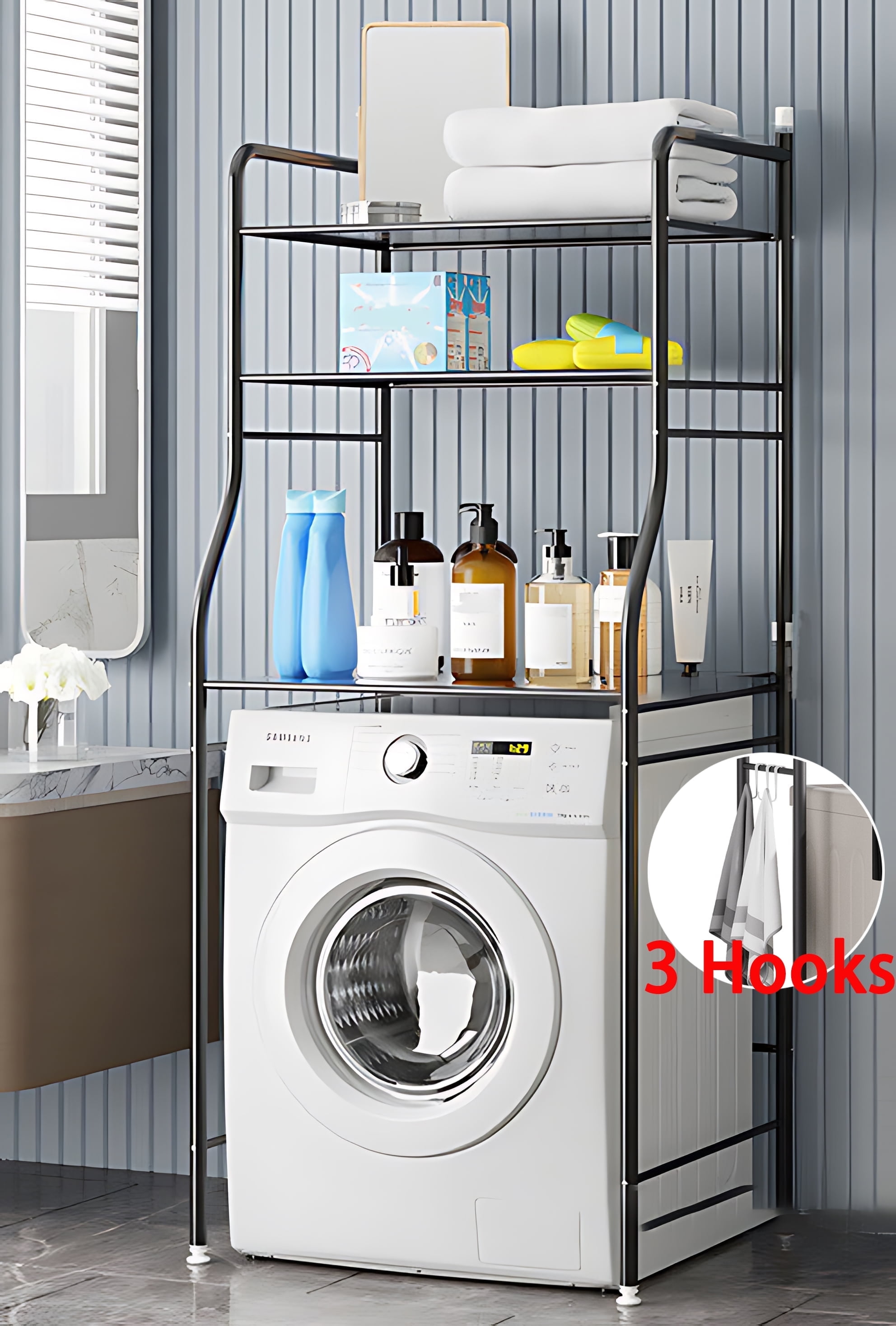 Qunbio Over the Washer and Dryer Shelves, 3-Tier Washing Machine Storage Shelf, Black