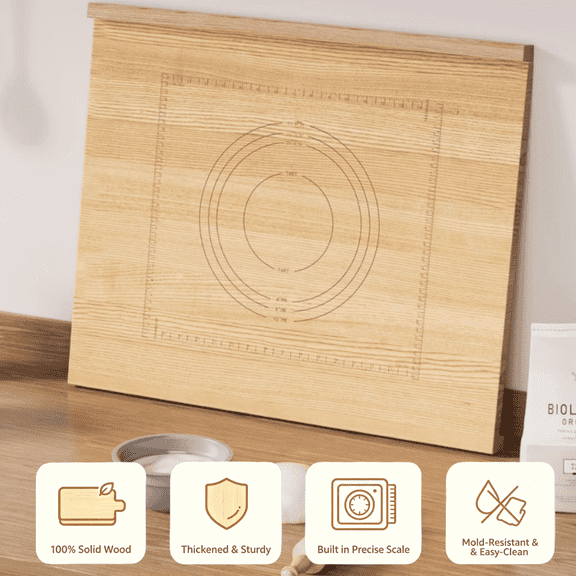 Qunbio Over-The-Counter-Edge Bread Board, 2-in-1 Wood Pastry Board with Caving Ruler & Pie Template, Kneading Board