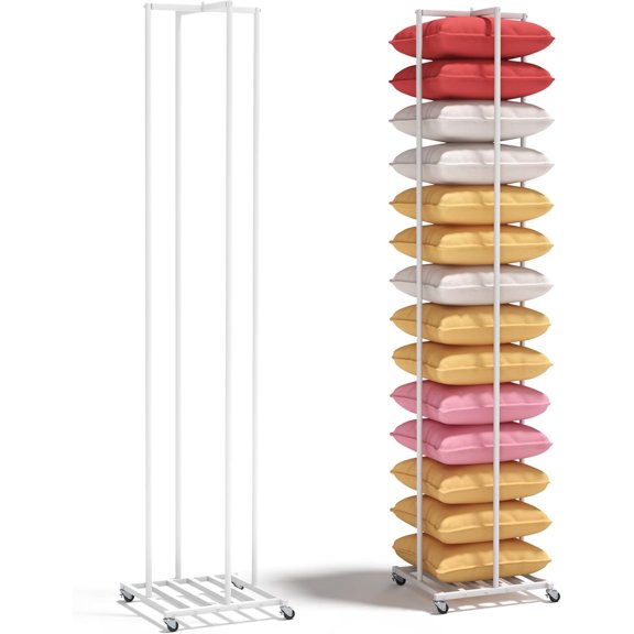 Qunbio Pillow Storage Rack with Adjustable Height & Mobile Wheels, 77" Pillow Display Rack, Metal Throw Pillow Rack for Retail, Home, Hotel, School, White