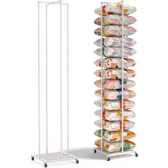 Qunbio Rolling Pillow Storage Rack, Freestanding Adjustable Pillow Display Rack with Wheels for Home, Living Room, Bedroom, 76.9"x16.6"x16.6"
