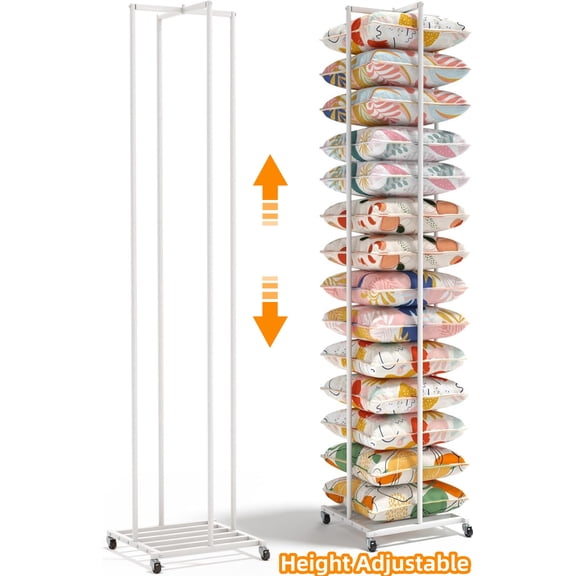 Qunbio Rolling Pillow Storage Rack, Freestanding Adjustable Pillow Display Rack with Wheels for Home, Living Room, Bedroom, 76.9"x16.6"x16.6"