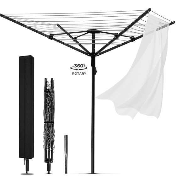 Qunbio Clothes Drying Rack,Heavy-Duty Steel Frame Drying Rack,12-Line 165ft Drying Rack Clothing,Adjustable Height 360°Rotation,Foldable Outdoor Umbrella Laundry Rack for Backyard