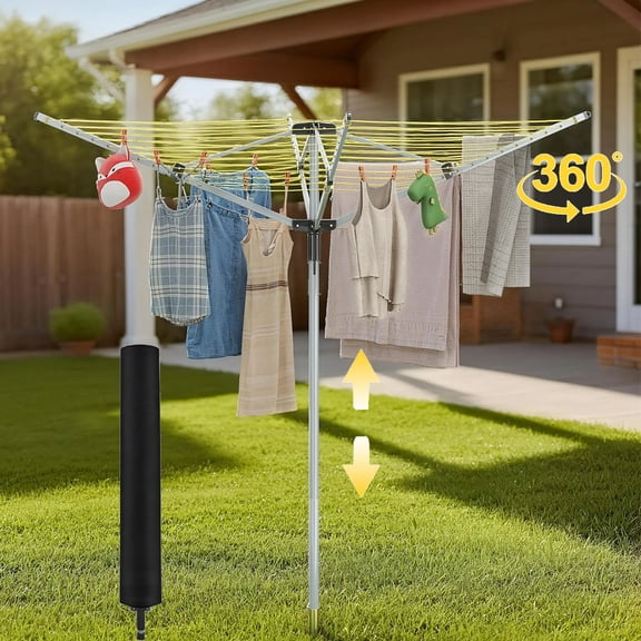 Qunbio Rotary Umbrella Drying Rack, 12 Lines with 165 ft Drying Space, Collapsible 4 Arms Umbrella Clothesline Outdoor for Laundry, Adjustable Height Clothes Drying Rack for Backyard