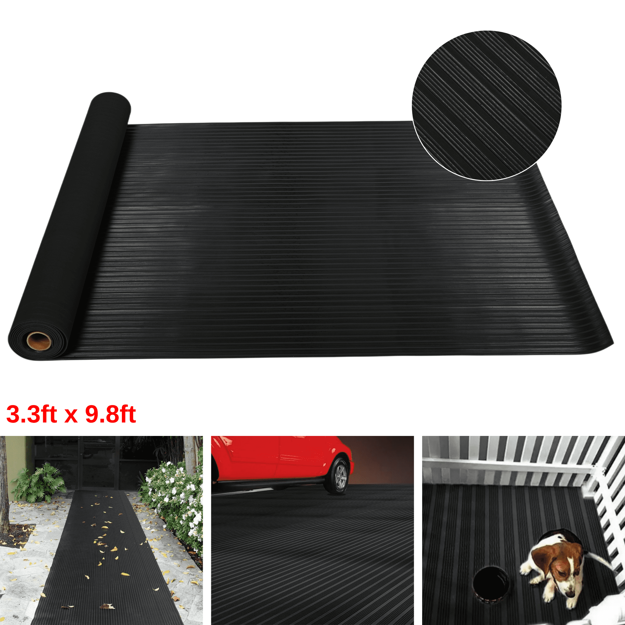Qunbio Corrugated Rubber Floor Mat, 3.3ft x 9.8ft Fine Rib Heavy Duty Garage Floor Mat for Home, Entryway, Lab, Indoor Outdoor Floor Protection