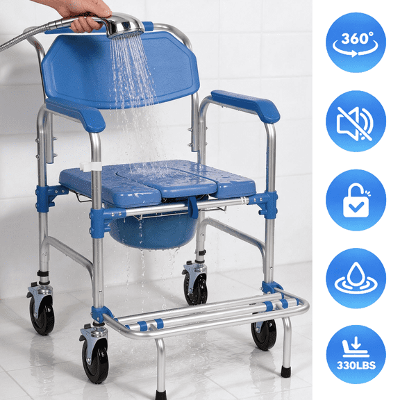 Qunbio Rolling Shower Chair, 330 lbs Load Bedside Commode w/Casters and Padded Seat, Rolling Transport Chair Lockable Wheelchair Bedside Toilet Seat