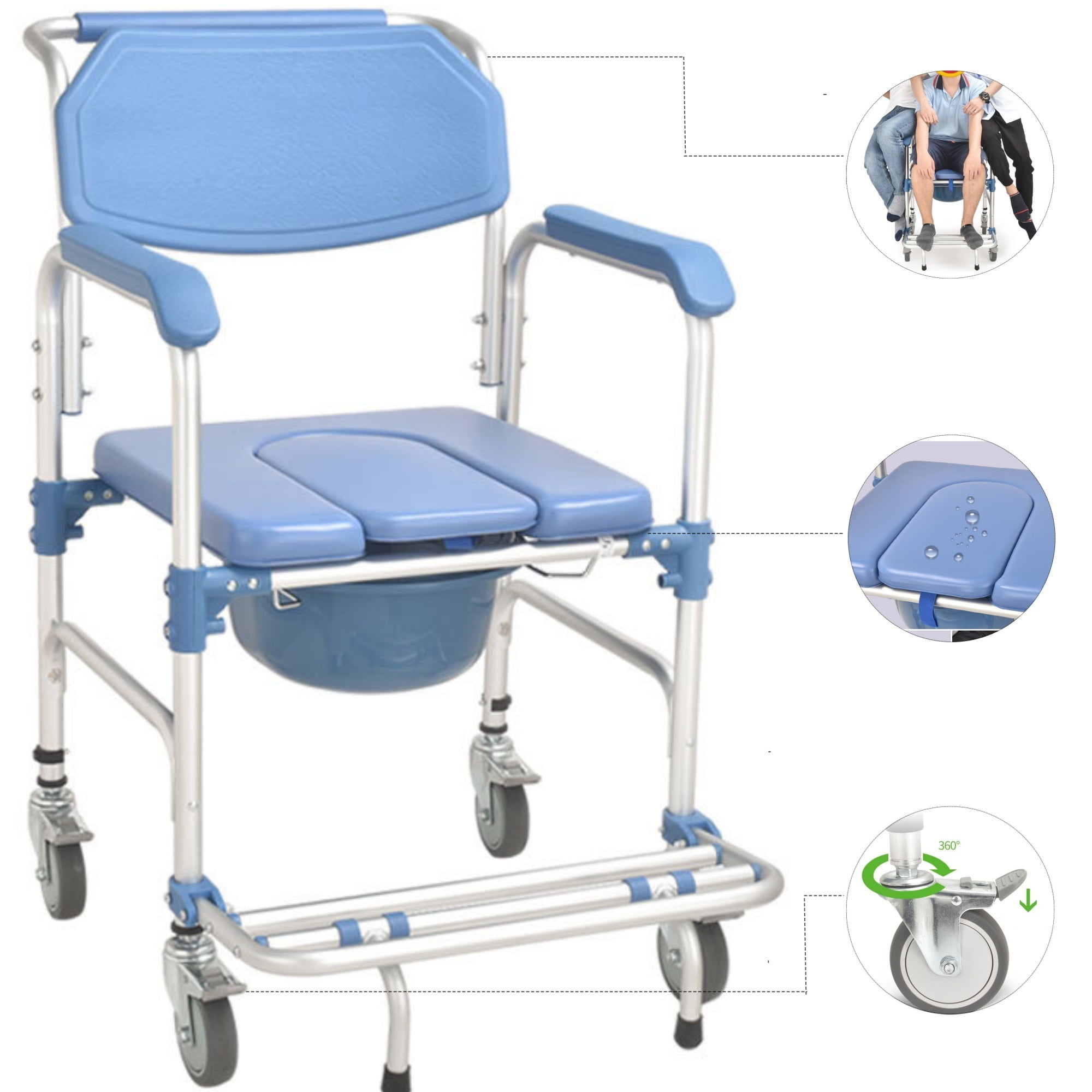 Qunbio Shower Chair with Wheels, 330 lbs Load Bedside Commode Rolling ...