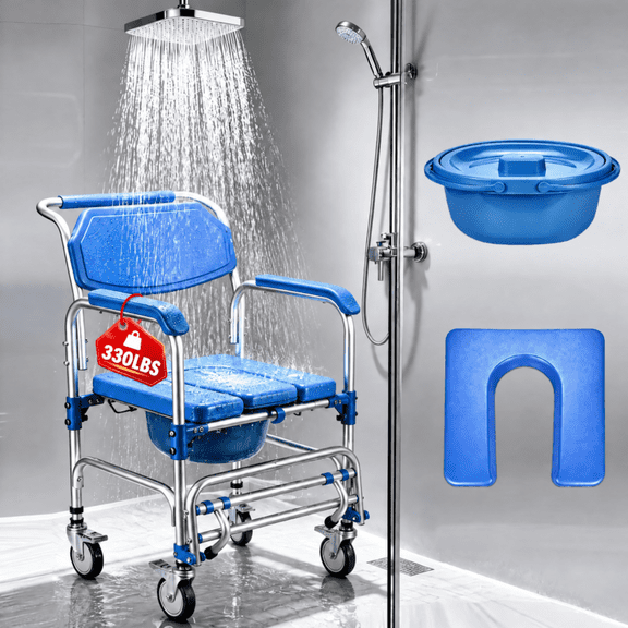 Qunbio Shower Chair with Wheels, Rolling Shower Chair with Extended Handrail, Water Proof Potty Chair over Toilet Chair, 330lbs Load
