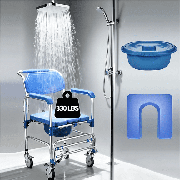 Qunbio Shower Chair with Wheels, Rolling Shower Chair with Extended Handrail, Water Proof Potty Chair over Toilet Chair, 330lbs Load