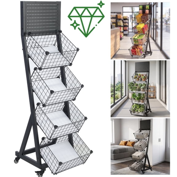 Qunbio Snack Display Stand, Metal Storage Shelf with Hooks and Wheels, Heavy Duty Organizer Rack for Kitchen Pantry Office Garage, 54.3 Inch Tall, Black