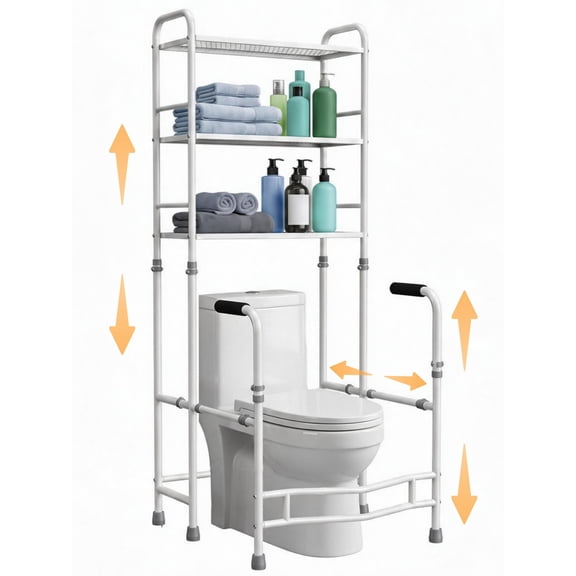 Qunbio Toilet Safety Rails with Over The Toilet Storage Shelf, Adjustable Bathroom Toilet Handle for Elderly Disabled Pregnant, Support up to 400 lbs