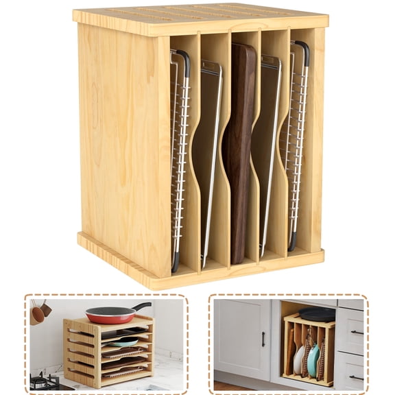 Qunbio Wooden Cabinet Tray Dividers, 6 Tier Kitchen Cookie Sheet Organizer for Pots, Pans, Baking Tray, Cutting Board