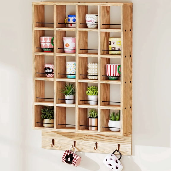Qunbio 24-Slot Wooden Coffee Mug Display Rack, Wall Mounted Coffee Cup Display Shelf, Rustic Shot Glass Display Case, Coffee Mug Holder Organizer for Kitchen Coffee Restaurant