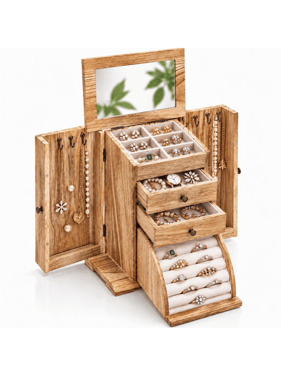 Jewelry Box for Women, 4-Layer Large Wood Boxes, Jewelry Organizers for Necklaces Earrings Rings Bracelets, Rustic Organizer with Drawers & Ring Roll Drawer & Mirror