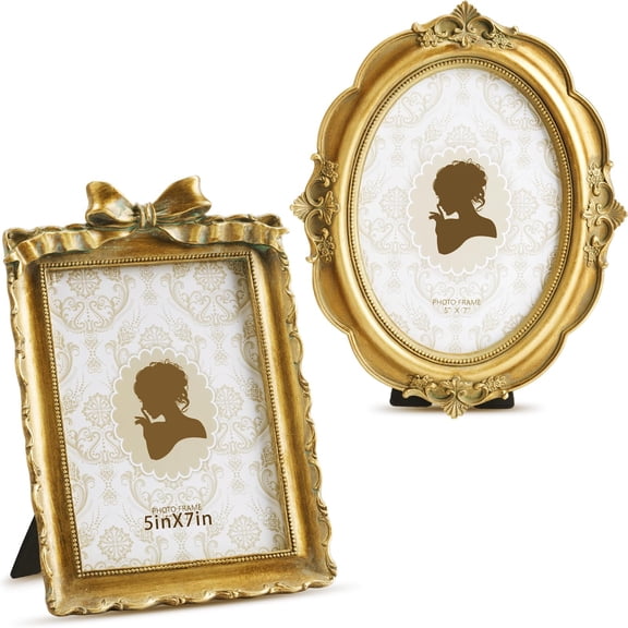 Qunclay 2 Pcs Vintage Picture Frames Antique Baroque Ornate Resin Rectangle Oval Photo Frames with Glass Front Tabletop and Wall Decor for Home Wedding Christmas Party Decor(Bronze,5 x 7 Inches) Y102
