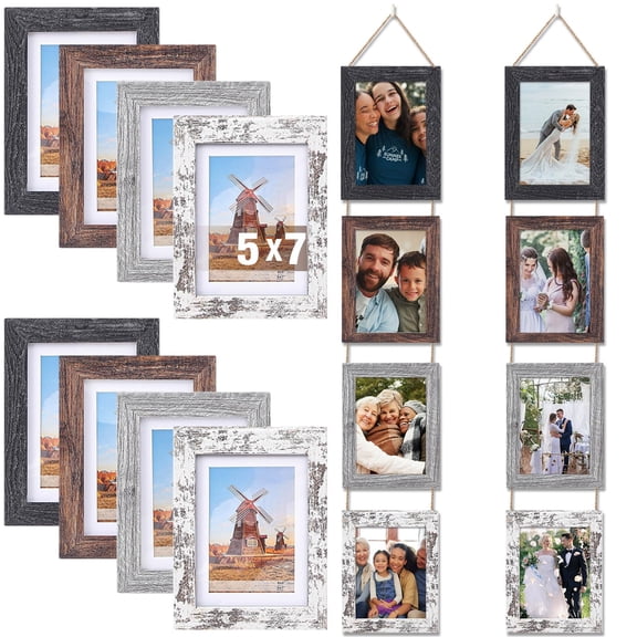 Qunclay 2 Set 5 x 7 Wall Hanging Picture Frames Collage with 8 Openings, Rustic Picture Frames Multiple for Friend Family Wedding Photos, Farmhouse Decor, Wedding Housewarming Birthday Gifts Y101
