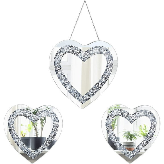 Qunclay 3 Pcs Crystal Crush Diamond Silver Mirror, 12 and 8 Inches Modern Shaped Wall Hang Decorations Glass Diamond Mirror for Bathroom Living Room (Heart Shape)