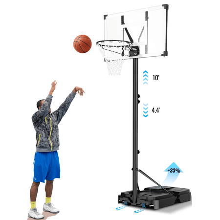 Qunler 44" Portable Basketball Hoop System, 4.4-10 ft Height Adjustable Basketball Goal System with Wheels and Shatterproof Backboard and Large Base for Adults Kids Outdoor Indoor Court