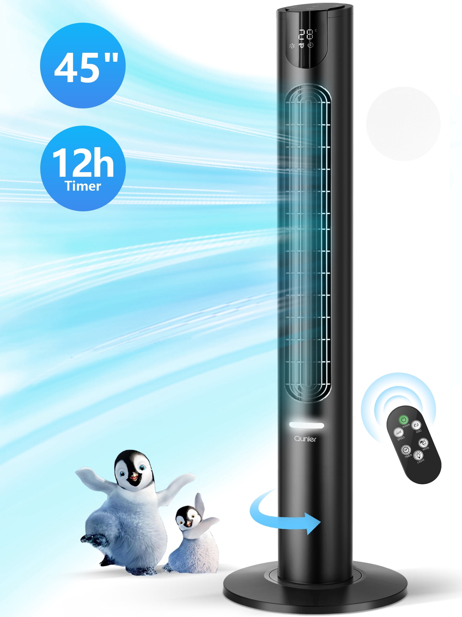 Qunler 45" Oscillating Tower Fan with Remote, 8 Speeds, 12H Timer,DC Motor 25dB Quiet Cooling Floor Fan for Bedroom Home Office, Black