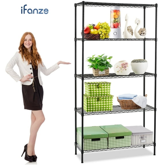 Qunler 5-Tier Storage Shelf Unit, 72"H x 36"L x 14"W Metal Wire Shelving Rack for Kitchen Garage Living Room, Adjustable Layer Height, 750lbs Capacity, Black